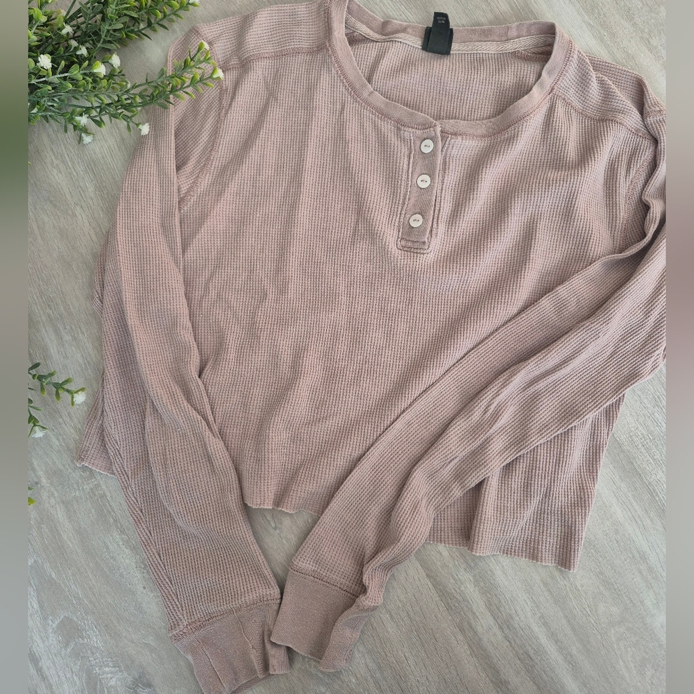 Crop Waffle Knit Henley Long-Sleeve Top - Blush Tan
